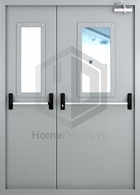 Двупольная противопожарная дверь EI-60 со стеклом и штангой фото