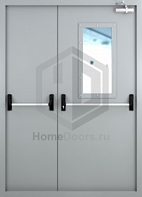 Противопожарная двухстворчатая дверь EI-60 со стеклом и двойной антипаникой фото